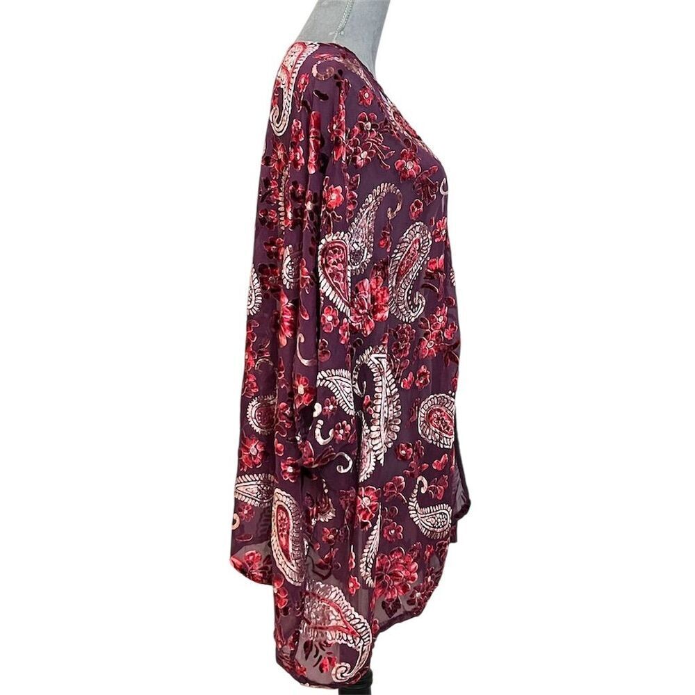 Umgee Paisley Open Front Velvet Floral Kimono Burgundy XL Fall Lightweight - Picture 6 of 11